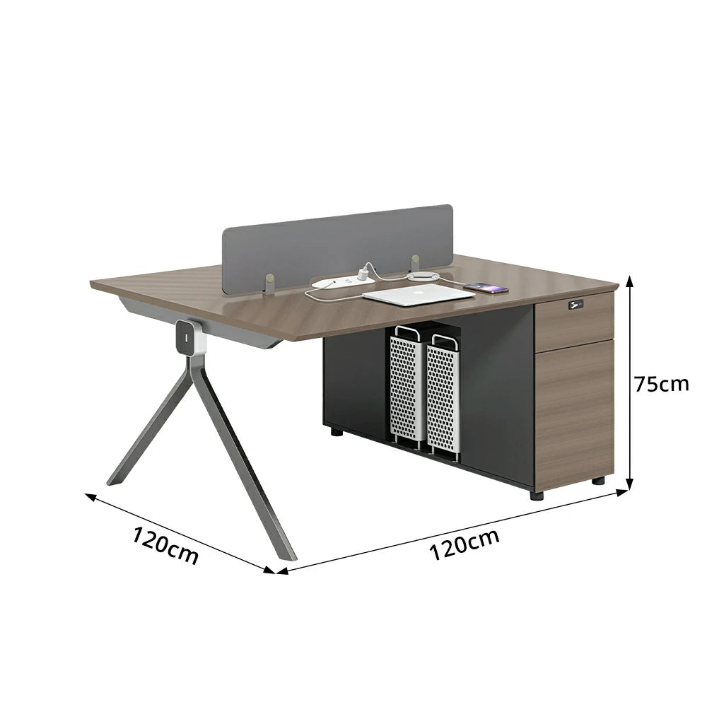 LIVARA 120/140cm 2 Person Office Workstation with E0 Grade Desktop, Privacy Screen, Dual-Sided Power & Lockable Storage - Walnut & Grey