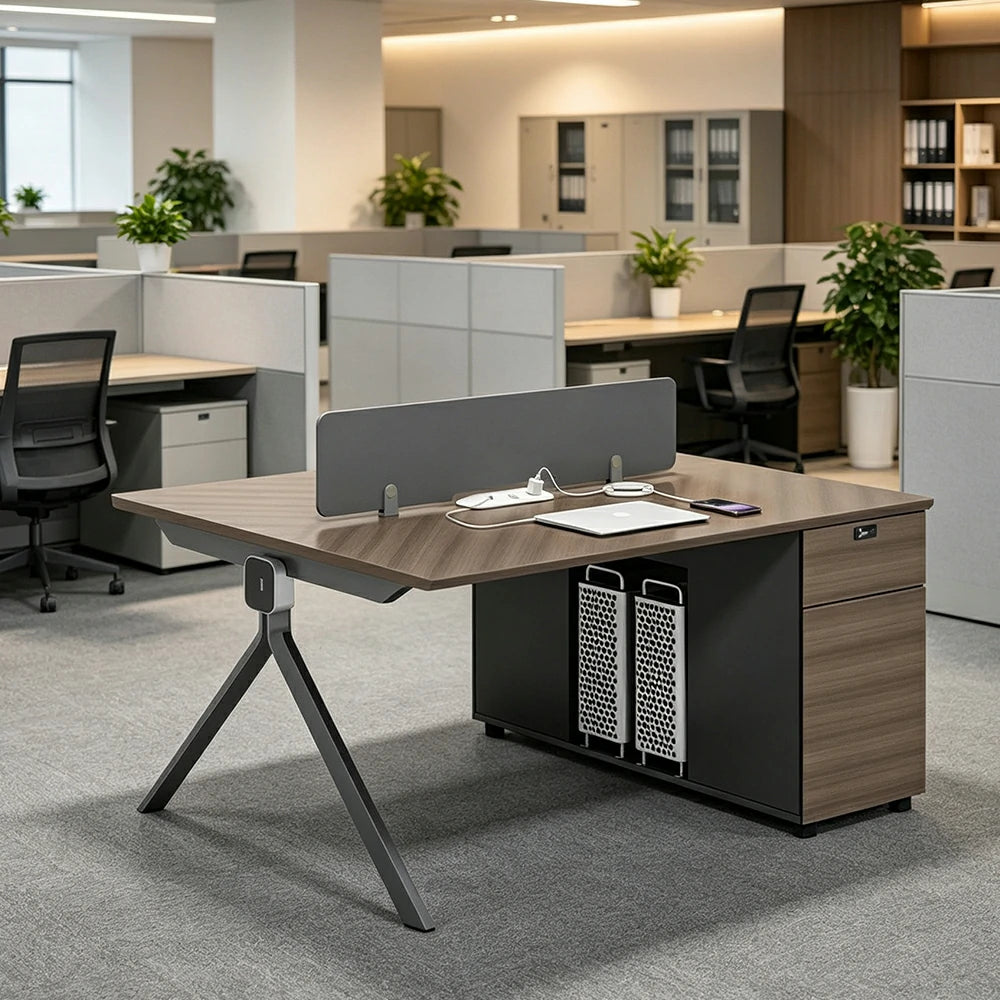 LIVARA 120/140cm 2 Person Office Workstation with E0 Grade Desktop, Privacy Screen, Dual-Sided Power & Lockable Storage - Walnut & Grey
