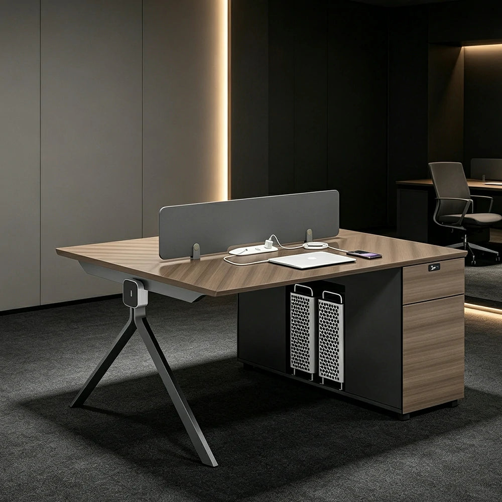 LIVARA 120/140cm 2 Person Office Workstation with E0 Grade Desktop, Privacy Screen, Dual-Sided Power & Lockable Storage - Walnut & Grey