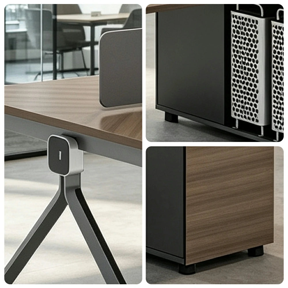 LIVARA 120/140cm 2 Person Office Workstation with E0 Grade Desktop, Privacy Screen, Dual-Sided Power & Lockable Storage - Walnut & Grey
