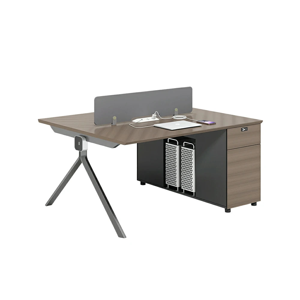 LIVARA 120/140cm 2 Person Office Workstation with E0 Grade Desktop, Privacy Screen, Dual-Sided Power & Lockable Storage - Walnut & Grey