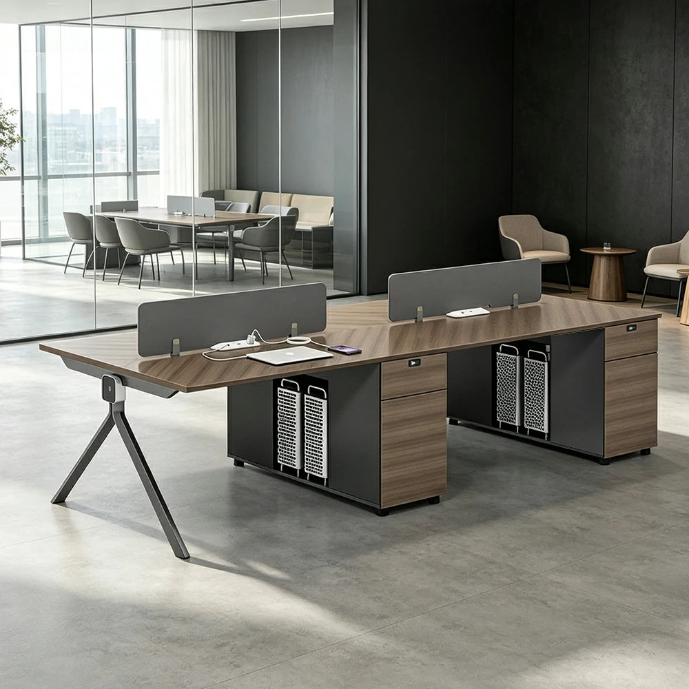 LIVARA 240/280cm 4 Person Office Workstation with E0 Grade Desktop, Privacy Screens, Dual-Sided Power & Lockable Storage - Walnut & Grey