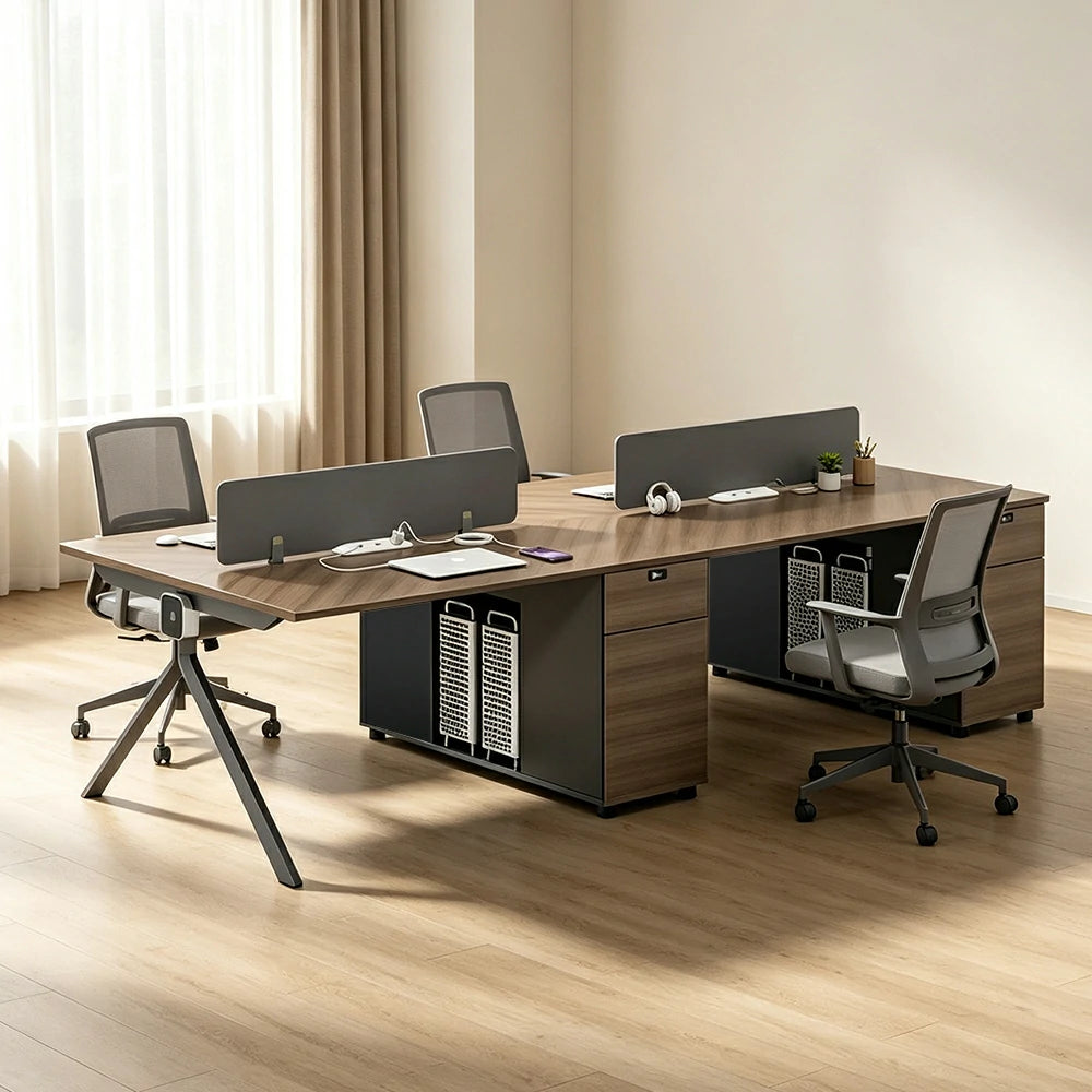 LIVARA 240/280cm 4 Person Office Workstation with E0 Grade Desktop, Privacy Screens, Dual-Sided Power & Lockable Storage - Walnut & Grey