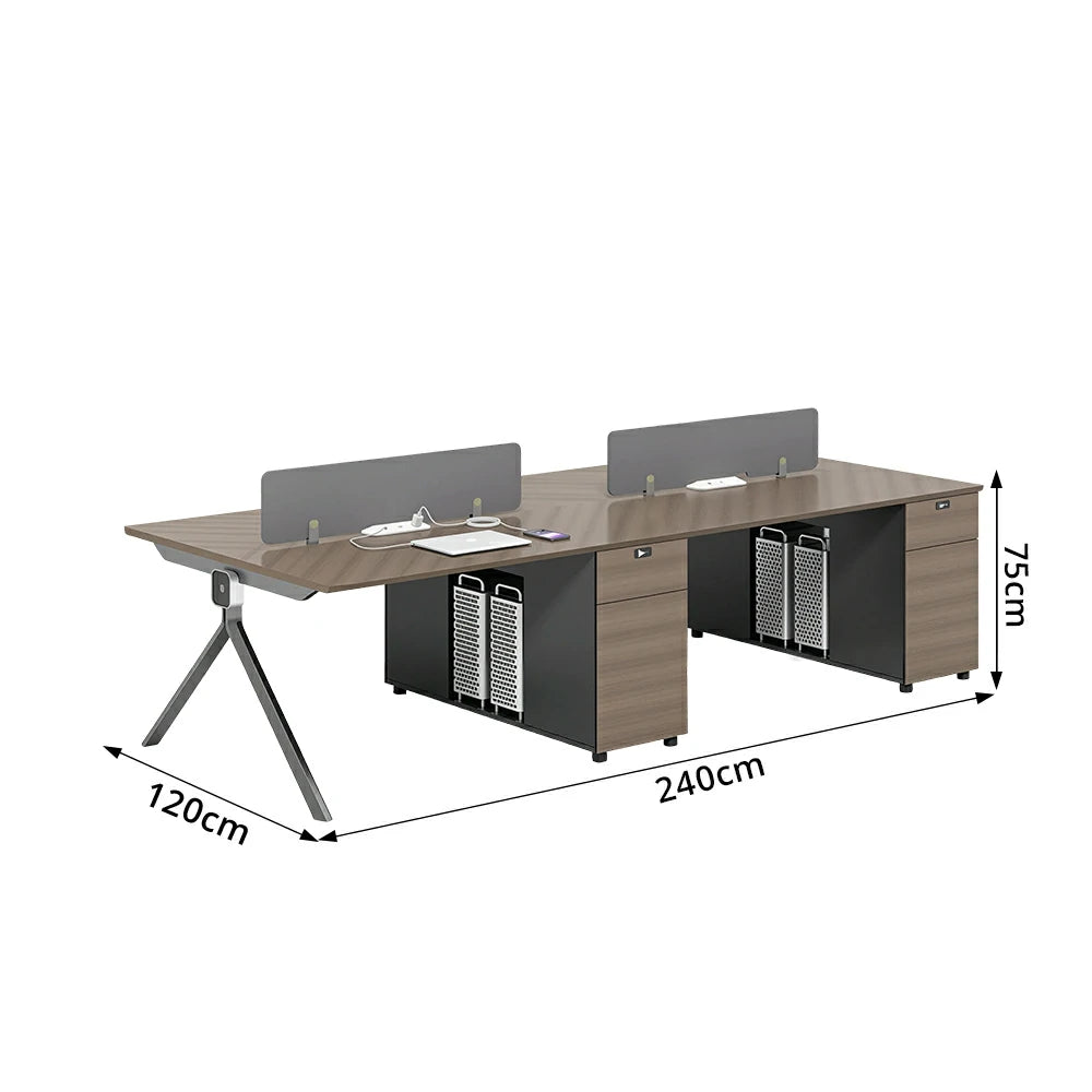 LIVARA 240/280cm 4 Person Office Workstation with E0 Grade Desktop, Privacy Screens, Dual-Sided Power & Lockable Storage - Walnut & Grey