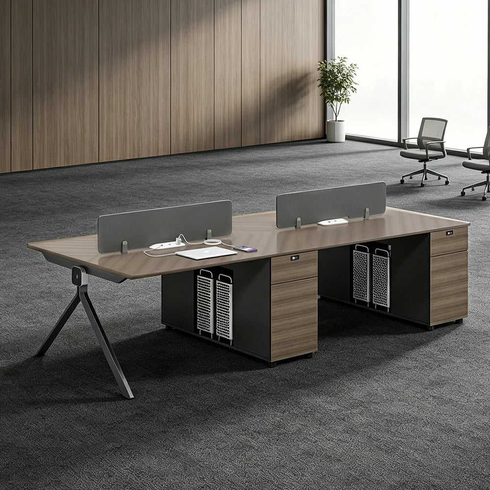 LIVARA 240/280cm 4 Person Office Workstation with E0 Grade Desktop, Privacy Screens, Dual-Sided Power & Lockable Storage - Walnut & Grey