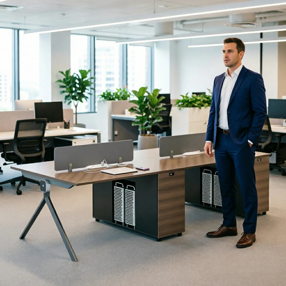 LIVARA 240/280cm 4 Person Office Workstation with E0 Grade Desktop, Privacy Screens, Dual-Sided Power & Lockable Storage - Walnut & Grey