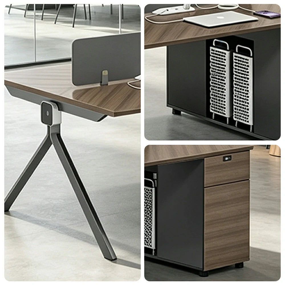 LIVARA 240/280cm 4 Person Office Workstation with E0 Grade Desktop, Privacy Screens, Dual-Sided Power & Lockable Storage - Walnut & Grey
