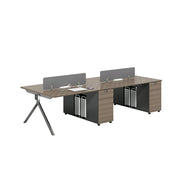 LIVARA 240/280cm 4 Person Office Workstation with E0 Grade Desktop, Privacy Screens, Dual-Sided Power & Lockable Storage - Walnut & Grey