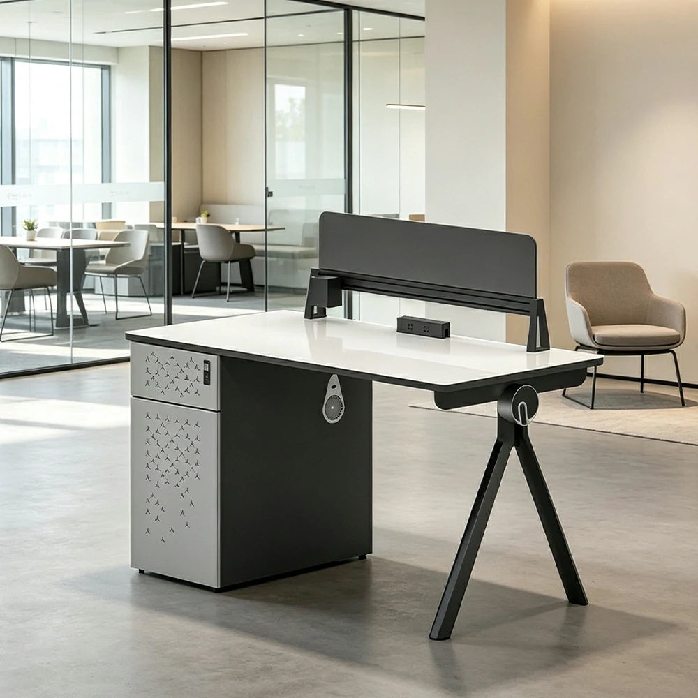 LIVARA 120/140cm Single Person Office Desk with E0 Grade Desktop, Privacy Screen, Dual-Sided Power & Lockable Storage - Walnut & Grey