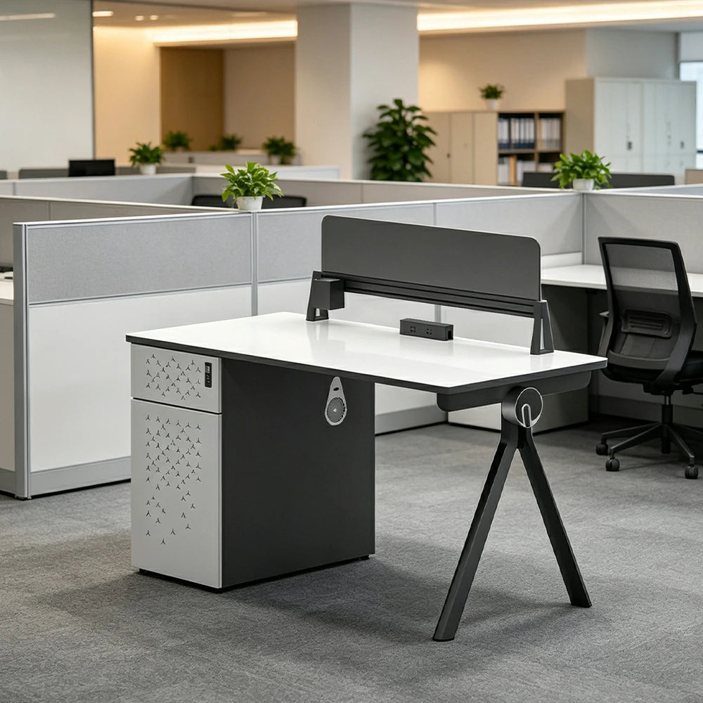 LIVARA 120/140cm Single Person Office Desk with E0 Grade Desktop, Privacy Screen, Dual-Sided Power & Lockable Storage - Walnut & Grey
