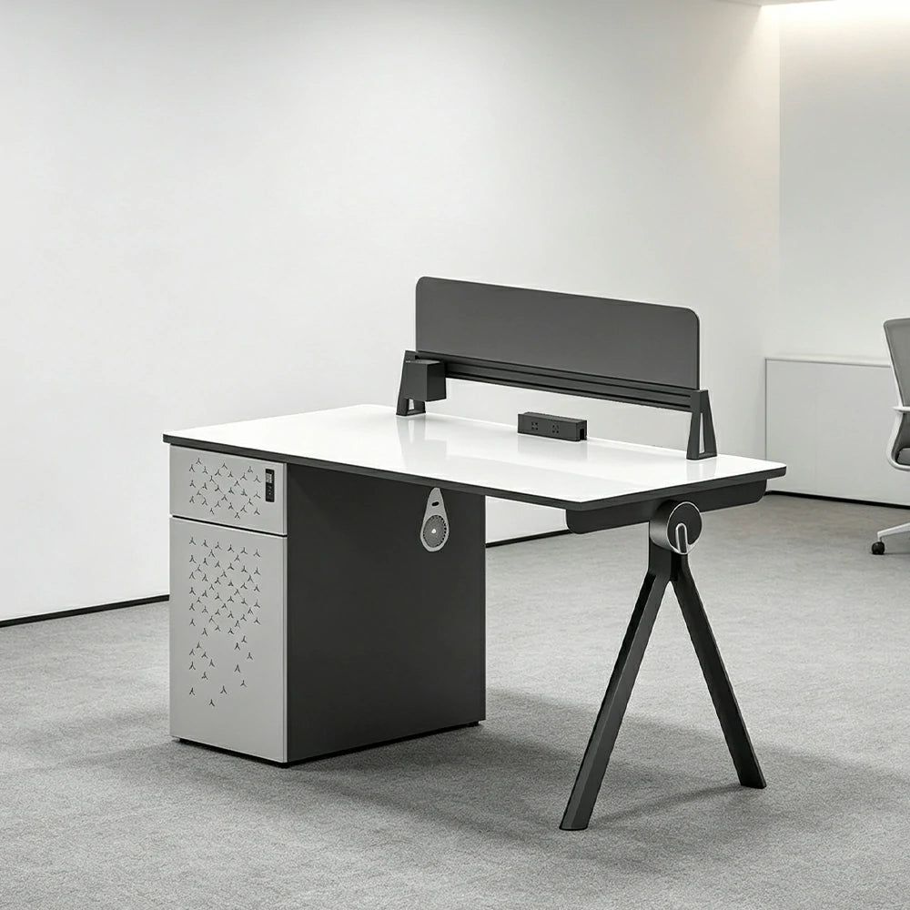 LIVARA 120/140cm Single Person Office Desk with E0 Grade Desktop, Privacy Screen, Dual-Sided Power & Lockable Storage - Walnut & Grey