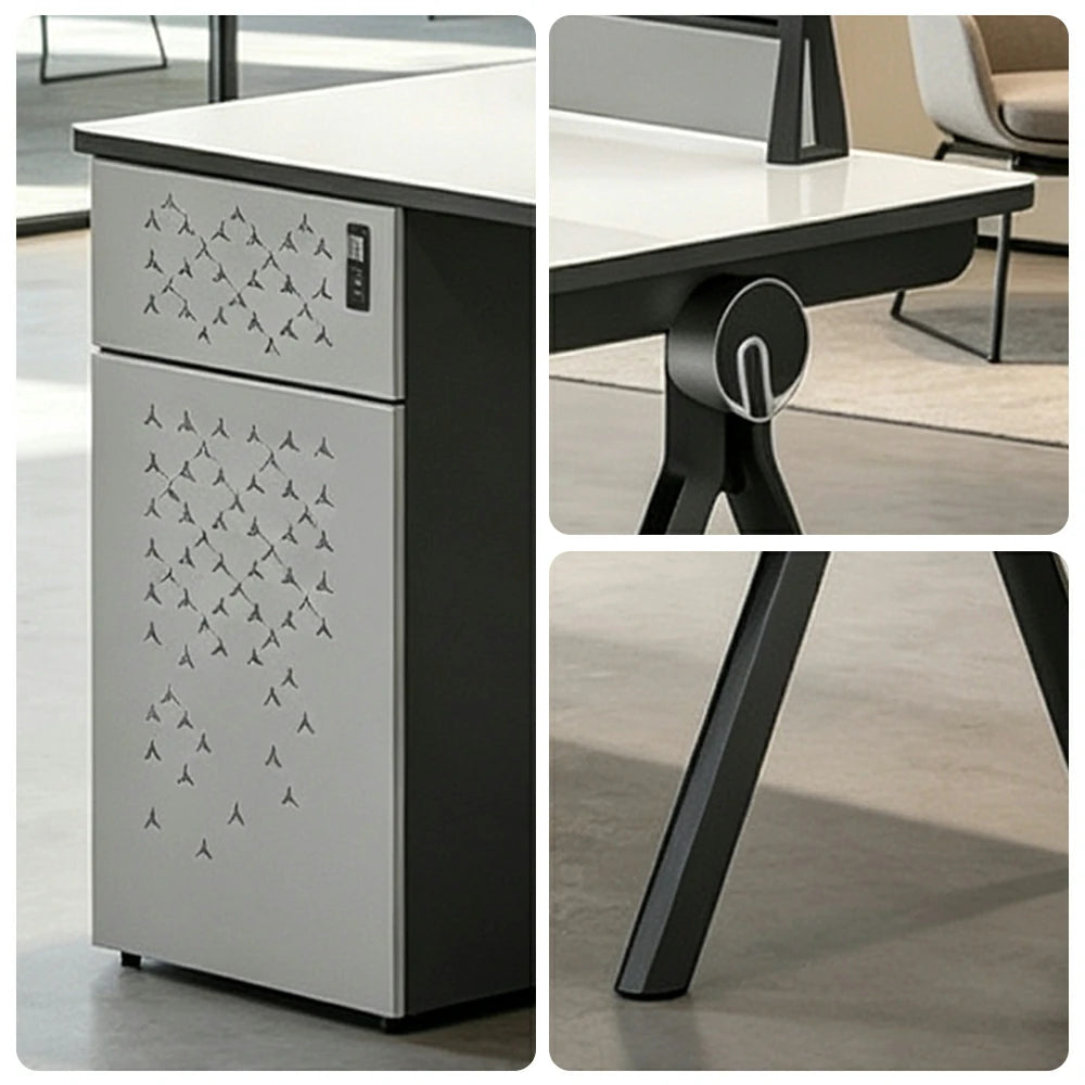 LIVARA 120/140cm Single Person Office Desk with E0 Grade Desktop, Privacy Screen, Dual-Sided Power & Lockable Storage - Walnut & Grey
