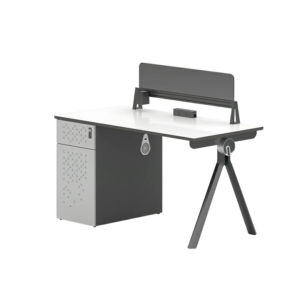LIVARA 120/140cm Single Person Office Desk with E0 Grade Desktop, Privacy Screen, Dual-Sided Power & Lockable Storage - Walnut & Grey