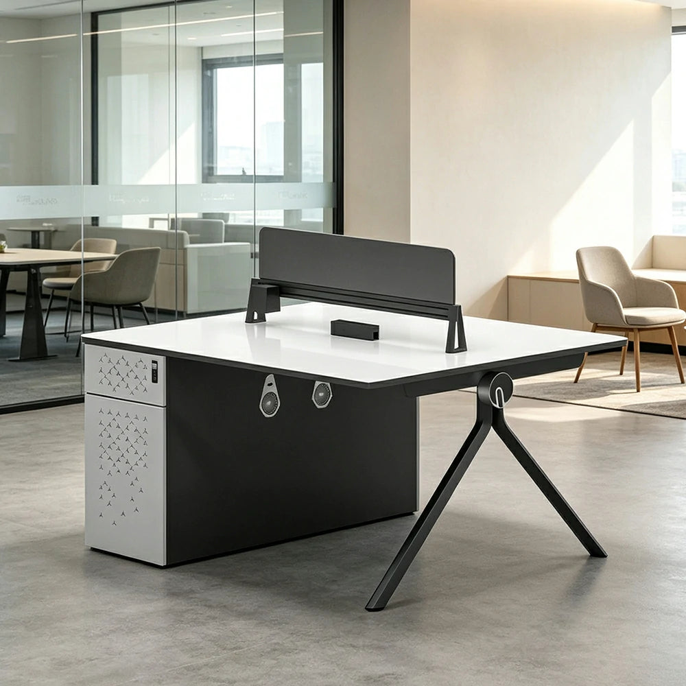LIVARA 120/140cm 2 Person Office Workstation with E0 Grade Desktop, Privacy Screen, Dual-Sided Power & Lockable Storage - Walnut & Grey