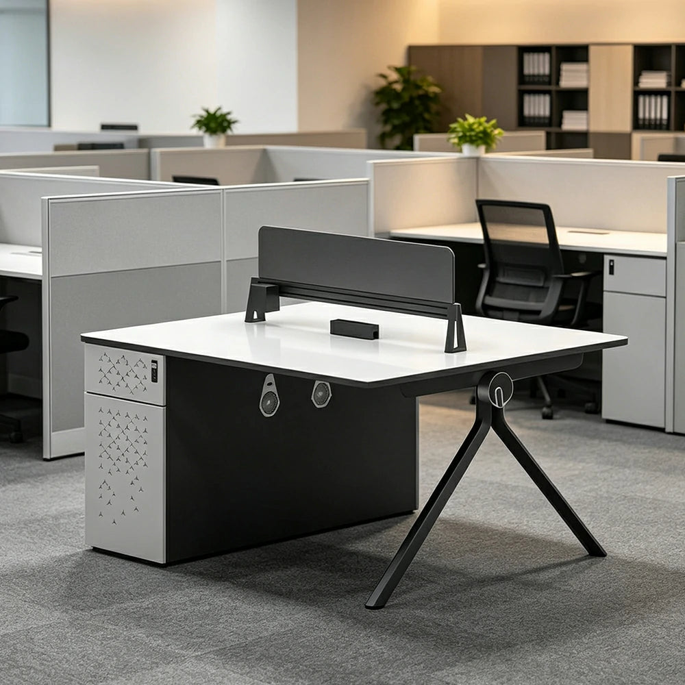 LIVARA 120/140cm 2 Person Office Workstation with E0 Grade Desktop, Privacy Screen, Dual-Sided Power & Lockable Storage - Walnut & Grey