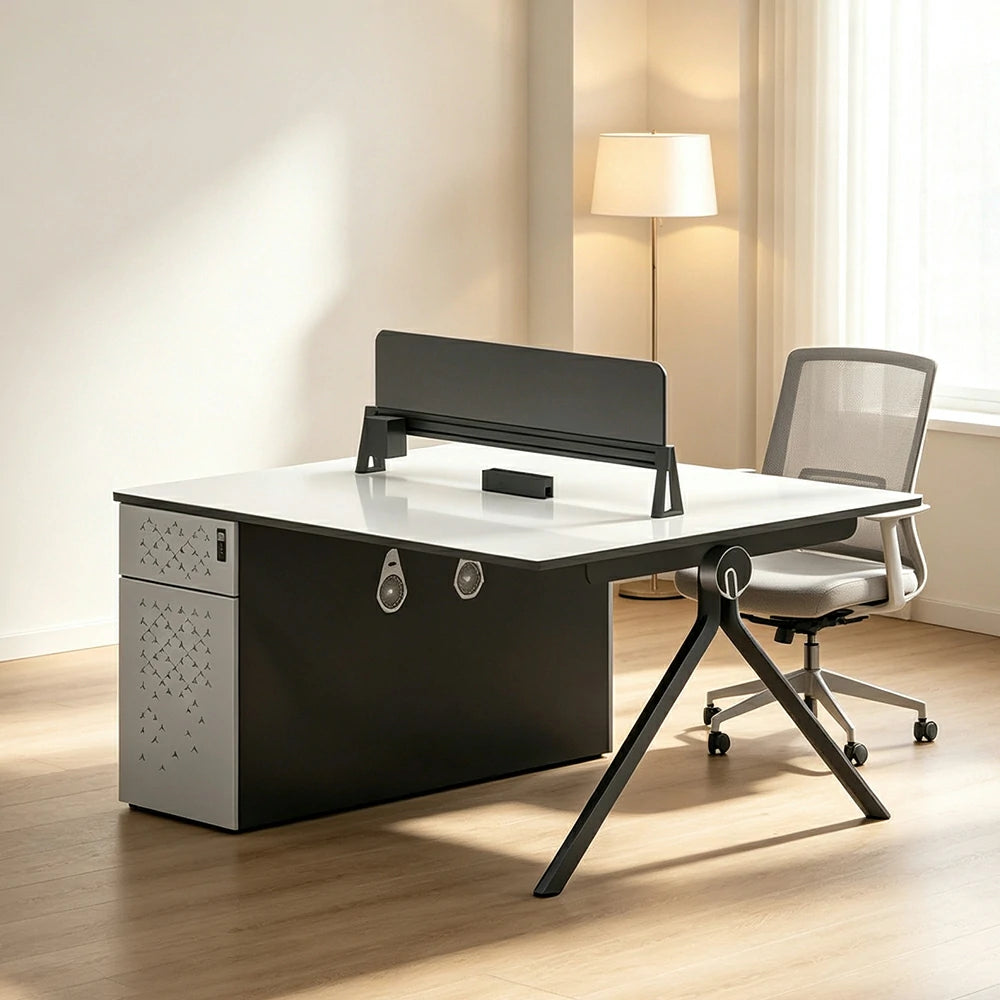 LIVARA 120/140cm 2 Person Office Workstation with E0 Grade Desktop, Privacy Screen, Dual-Sided Power & Lockable Storage - Walnut & Grey
