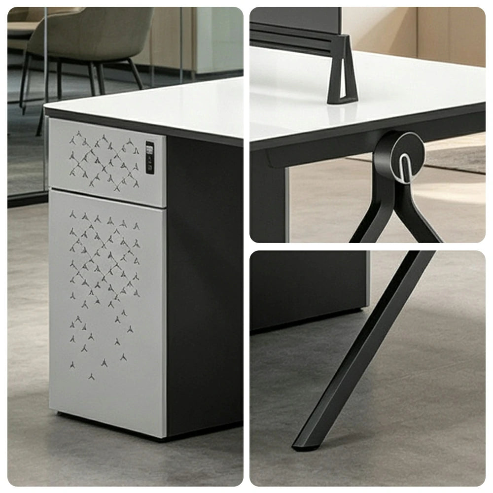 LIVARA 120/140cm 2 Person Office Workstation with E0 Grade Desktop, Privacy Screen, Dual-Sided Power & Lockable Storage - Walnut & Grey