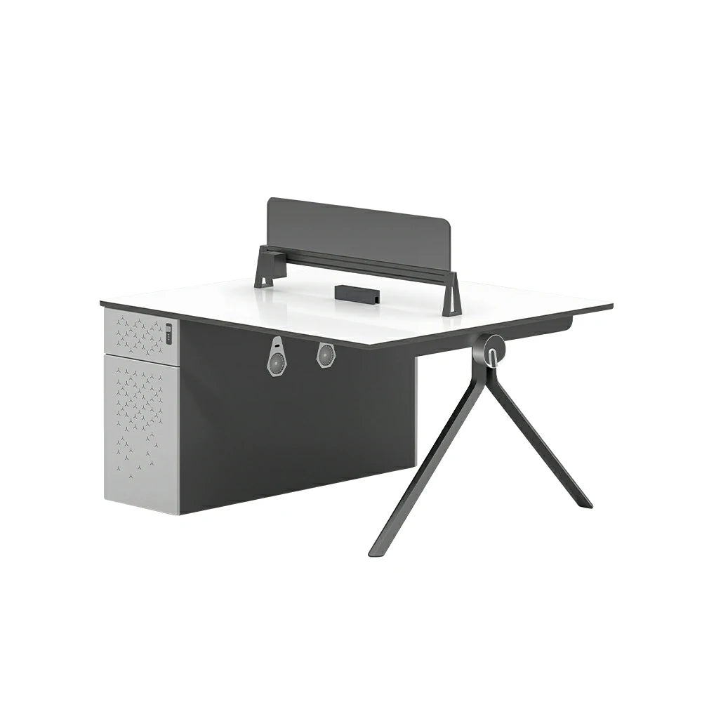 LIVARA 120/140cm 2 Person Office Workstation with E0 Grade Desktop, Privacy Screen, Dual-Sided Power & Lockable Storage - Walnut & Grey