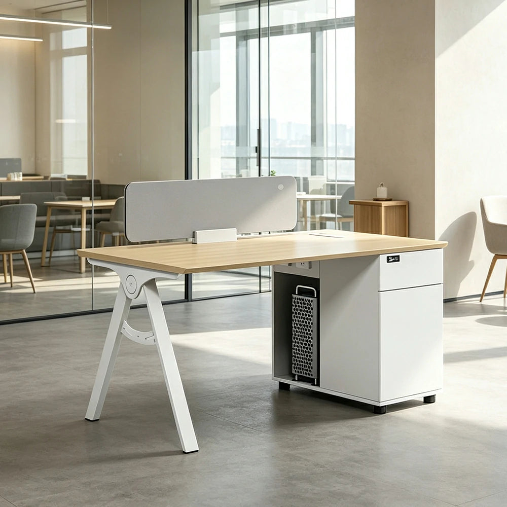 LIVARA 120/140cm Single-Person Office Desk with E0 Desktop, Privacy Screen, Double-Sided Power Outlets & Lockable Storage - Walnut & Grey