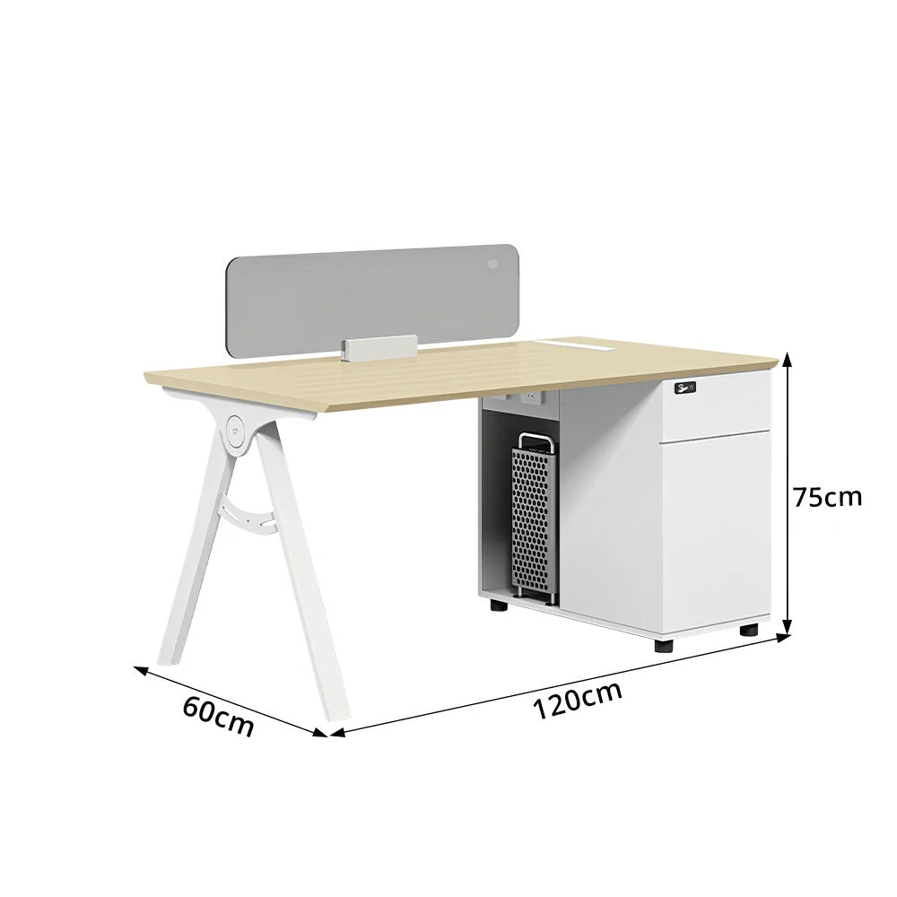 LIVARA 120/140cm Single-Person Office Desk with E0 Desktop, Privacy Screen, Double-Sided Power Outlets & Lockable Storage - Walnut & Grey