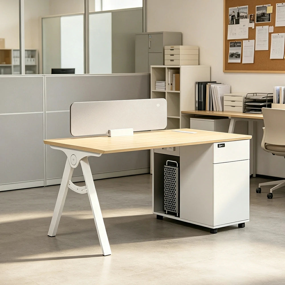 LIVARA 120/140cm Single-Person Office Desk with E0 Desktop, Privacy Screen, Double-Sided Power Outlets & Lockable Storage - Walnut & Grey