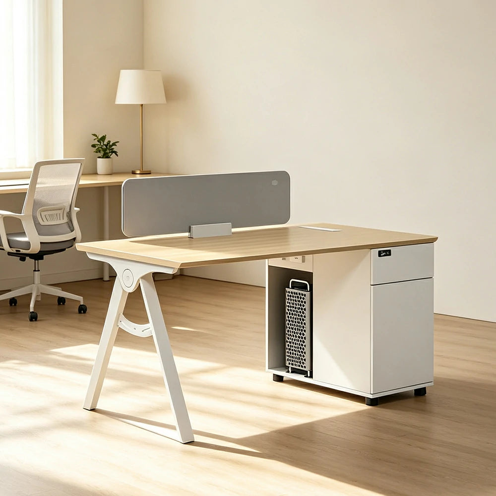 LIVARA 120/140cm Single-Person Office Desk with E0 Desktop, Privacy Screen, Double-Sided Power Outlets & Lockable Storage - Walnut & Grey