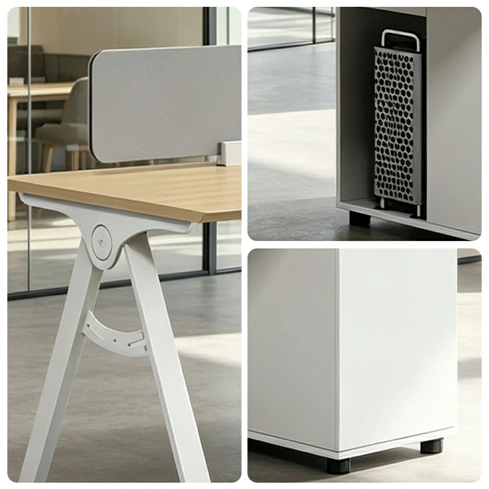 LIVARA 120/140cm Single-Person Office Desk with E0 Desktop, Privacy Screen, Double-Sided Power Outlets & Lockable Storage - Walnut & Grey