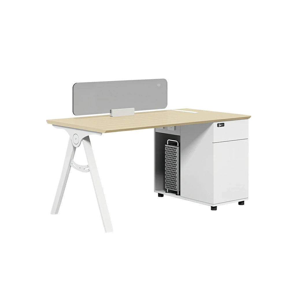 LIVARA 120/140cm Single-Person Office Desk with E0 Desktop, Privacy Screen, Double-Sided Power Outlets & Lockable Storage - Walnut & Grey