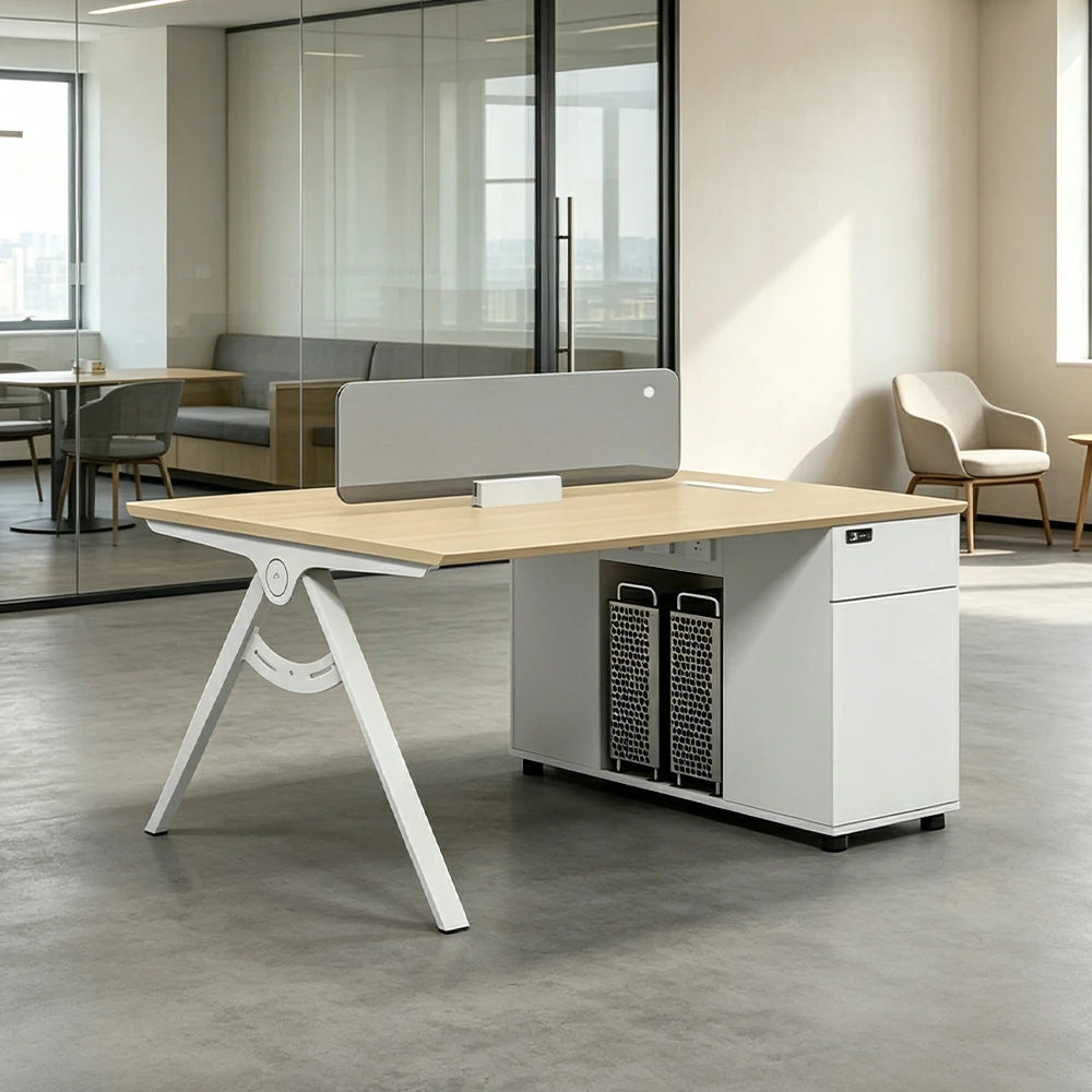 LIVARA 120/140cm 2-Person Office Workstation with E0 Desktop, Privacy Screen, Double-Sided Power Outlets & Lockable Storage - Walnut & Grey