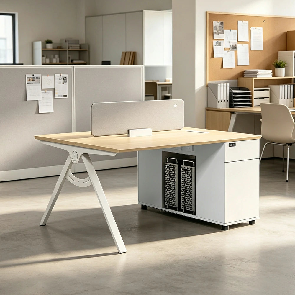 LIVARA 120/140cm 2-Person Office Workstation with E0 Desktop, Privacy Screen, Double-Sided Power Outlets & Lockable Storage - Walnut & Grey