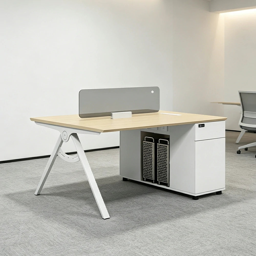 LIVARA 120/140cm 2-Person Office Workstation with E0 Desktop, Privacy Screen, Double-Sided Power Outlets & Lockable Storage - Walnut & Grey