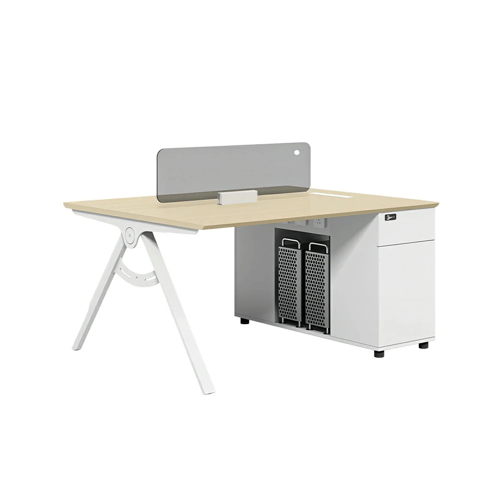 LIVARA 120/140cm 2-Person Office Workstation with E0 Desktop, Privacy Screen, Double-Sided Power Outlets & Lockable Storage - Walnut & Grey