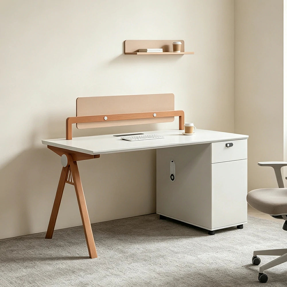 LIVARA 120cm Single Office Desk with Power Outlet, E0 Desktop, Privacy Screen & Password Lock Storage - Oak & White