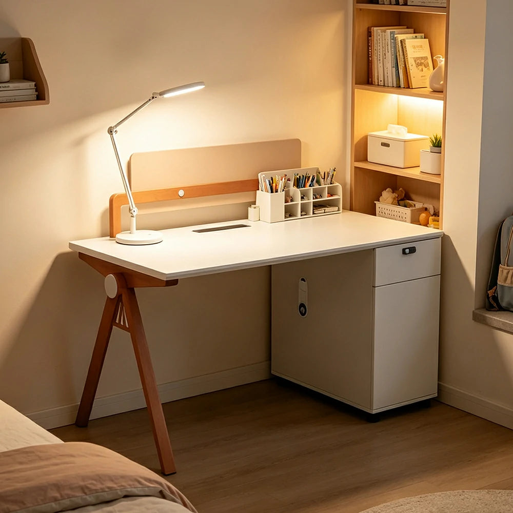 LIVARA 120cm Single Office Desk with Power Outlet, E0 Desktop, Privacy Screen & Password Lock Storage - Oak & White