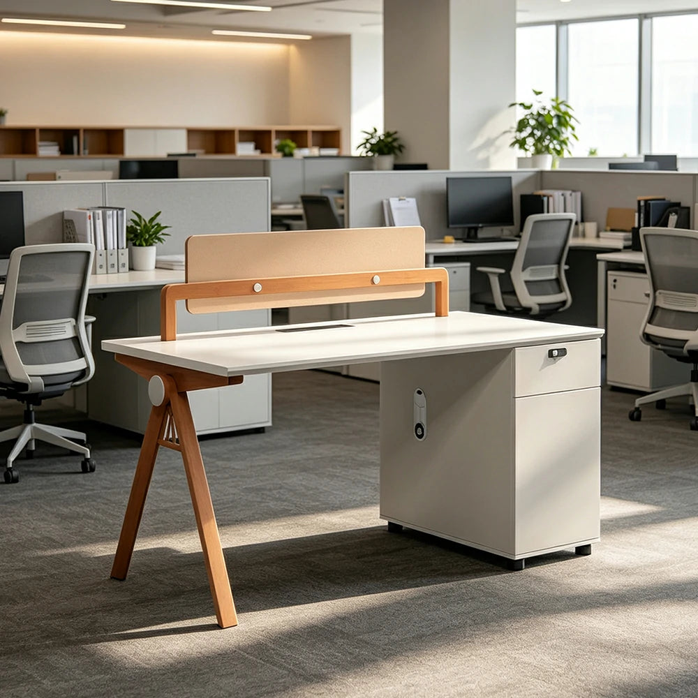 LIVARA 120cm Single Office Desk with Power Outlet, E0 Desktop, Privacy Screen & Password Lock Storage - Oak & White