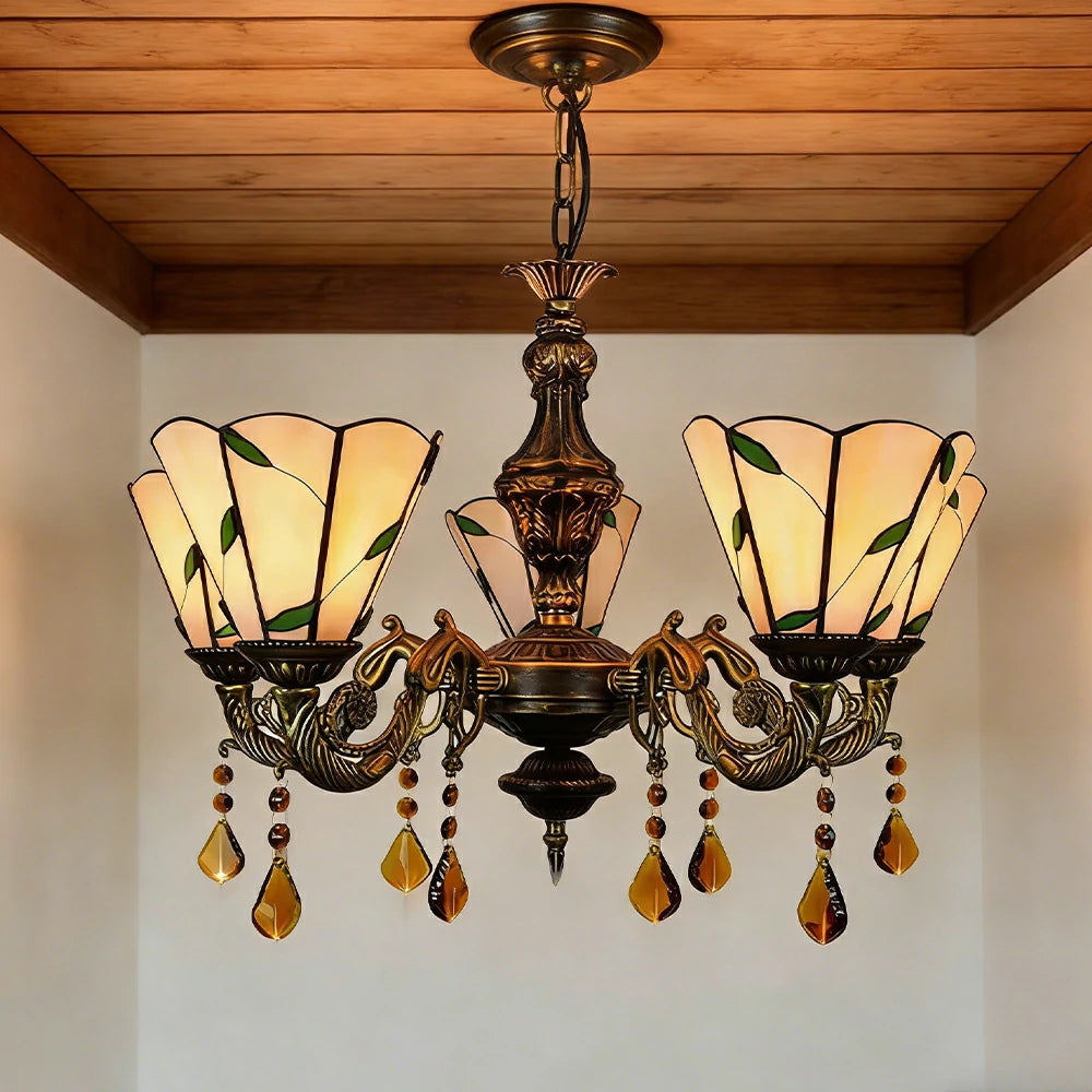 LIVARA 5-Light Stained Glass Chandelier Vintage Pendant Light Adjustable Chain 60x80cm Warm Tone Leaf Pattern Design for Dining Living Room