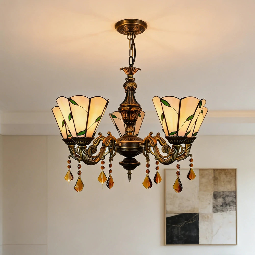LIVARA 5-Light Stained Glass Chandelier Vintage Pendant Light Adjustable Chain 60x80cm Warm Tone Leaf Pattern Design for Dining Living Room