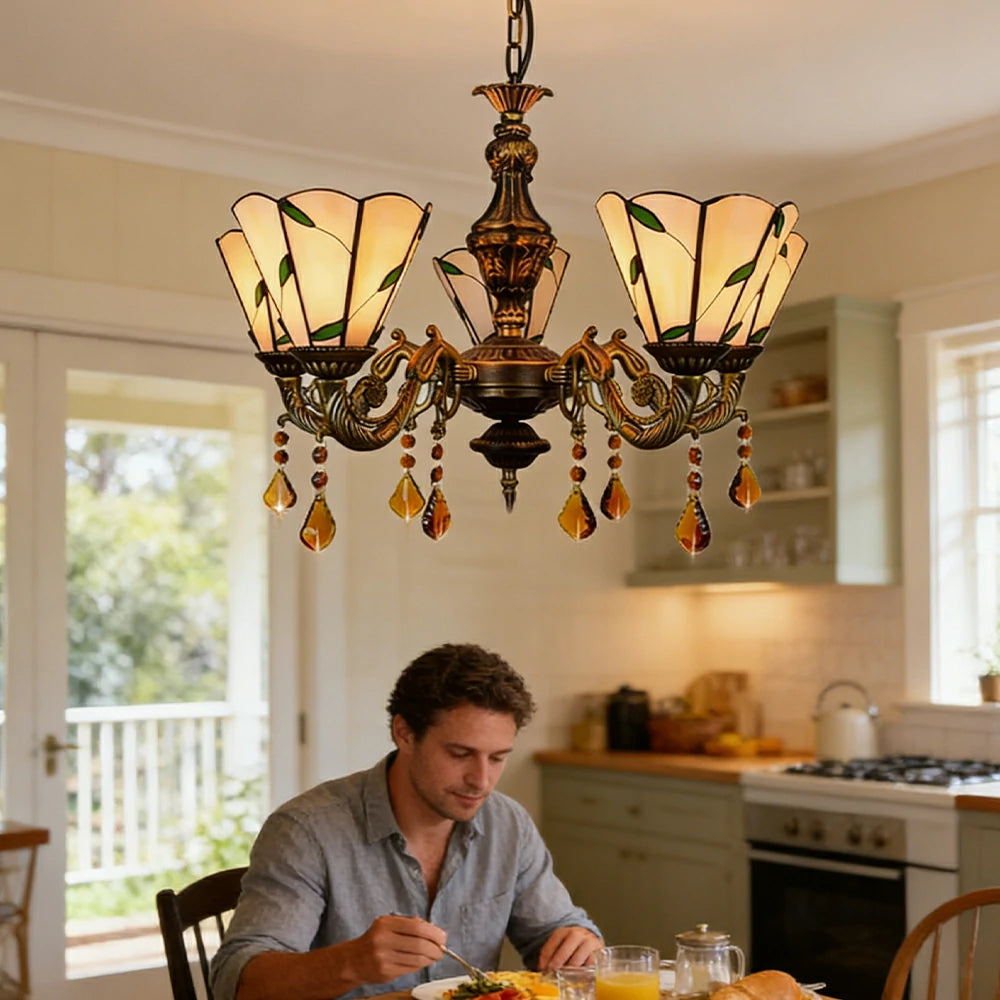LIVARA 5-Light Stained Glass Chandelier Vintage Pendant Light Adjustable Chain 60x80cm Warm Tone Leaf Pattern Design for Dining Living Room