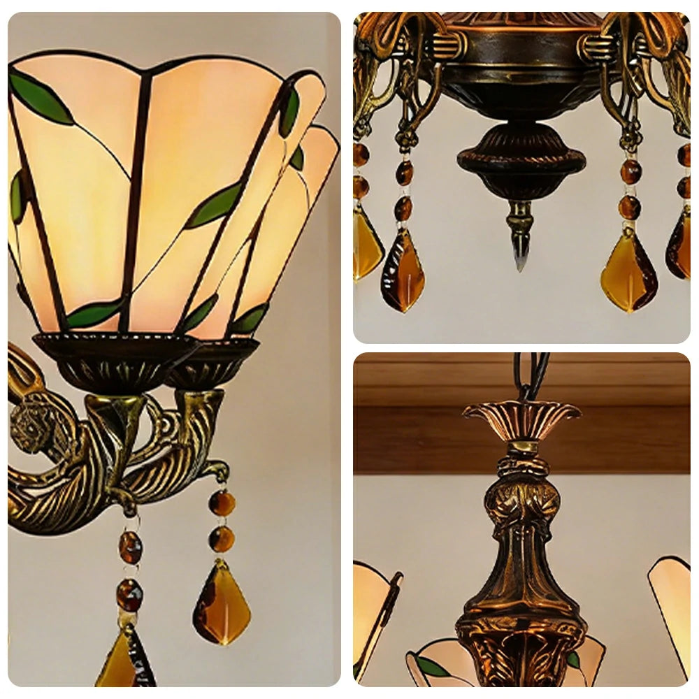 LIVARA 5-Light Stained Glass Chandelier Vintage Pendant Light Adjustable Chain 60x80cm Warm Tone Leaf Pattern Design for Dining Living Room