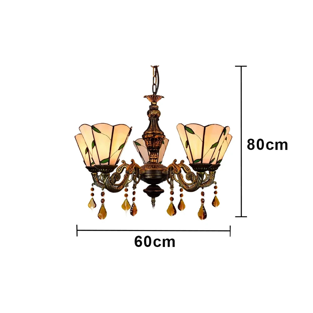 LIVARA 5-Light Stained Glass Chandelier Vintage Pendant Light Adjustable Chain 60x80cm Warm Tone Leaf Pattern Design for Dining Living Room