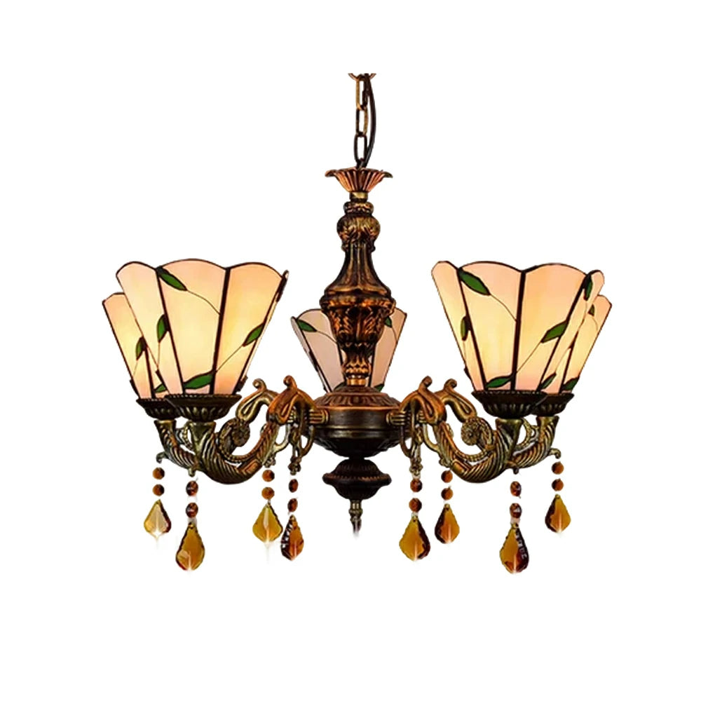 LIVARA 5-Light Stained Glass Chandelier Vintage Pendant Light Adjustable Chain 60x80cm Warm Tone Leaf Pattern Design for Dining Living Room