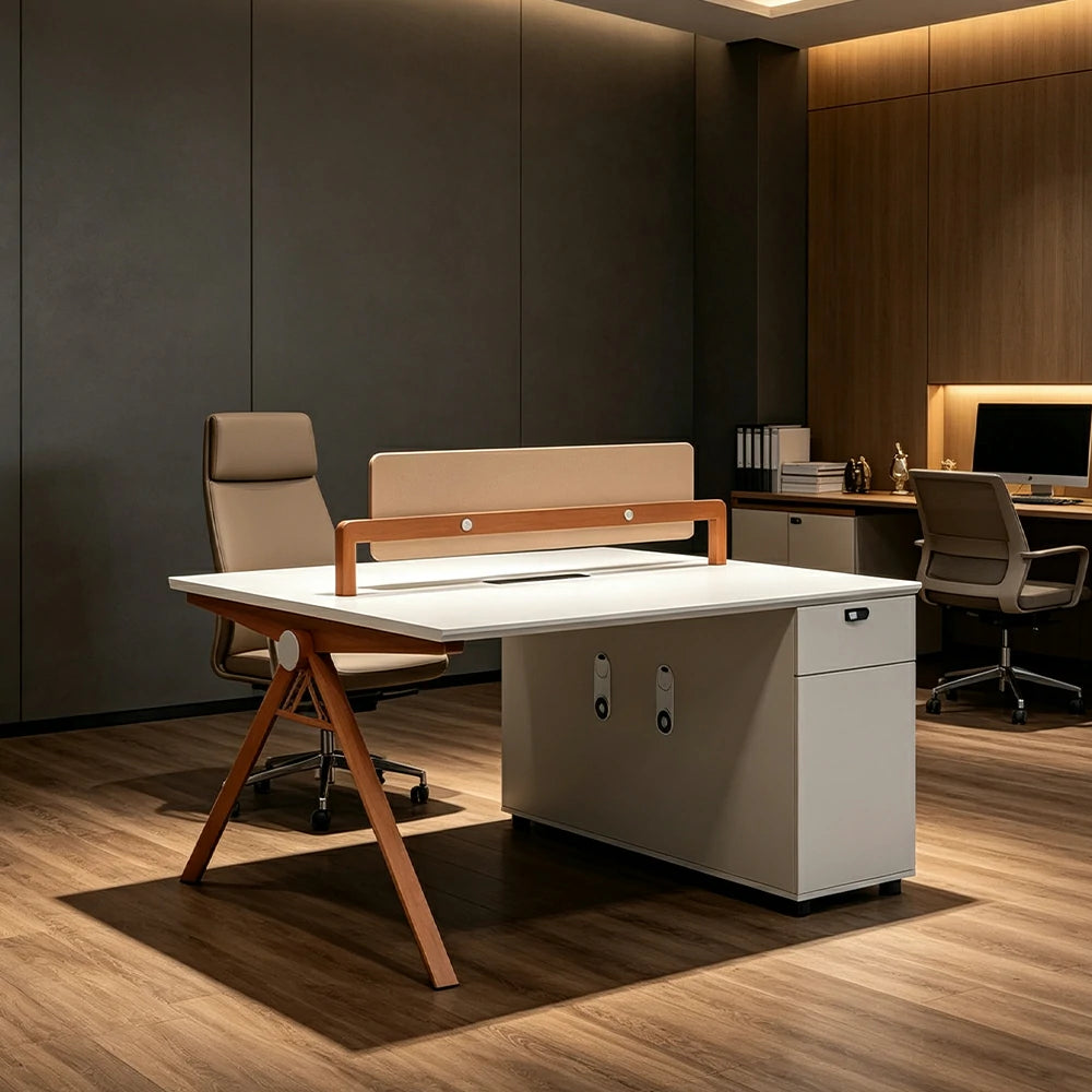 LIVARA 120cm 2-Person Office Workstation with Dual-Sided Power Outlets, E0 Desktop, Privacy Screen & Password Lock Storage - Oak & White