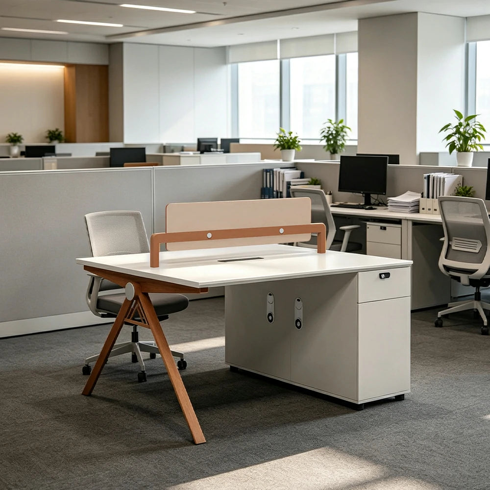 LIVARA 120cm 2-Person Office Workstation with Dual-Sided Power Outlets, E0 Desktop, Privacy Screen & Password Lock Storage - Oak & White