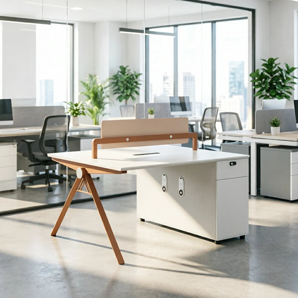 LIVARA 120cm 2-Person Office Workstation with Dual-Sided Power Outlets, E0 Desktop, Privacy Screen & Password Lock Storage - Oak & White