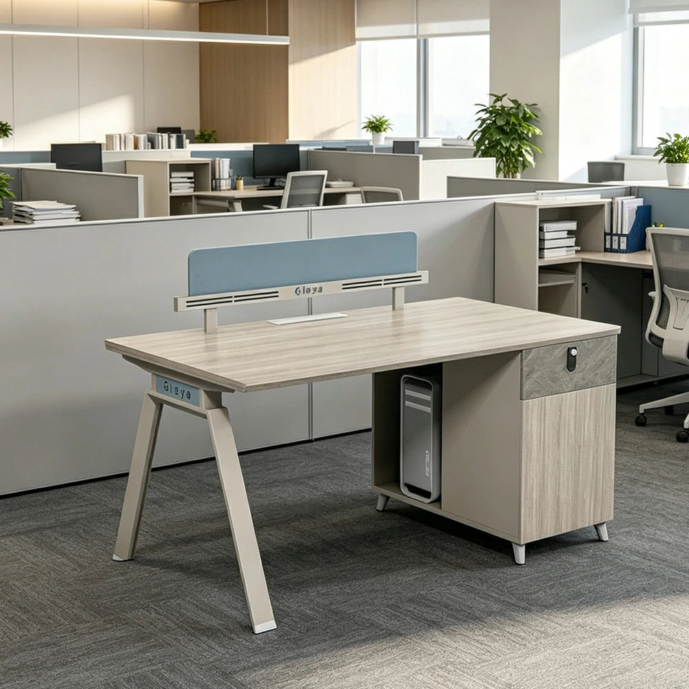 LIVARA 120/140cm Single Office Desk with Dual-Sided Power Outlets, E0 Desktop, Privacy Screen & Password Lock Storage - Oak & White