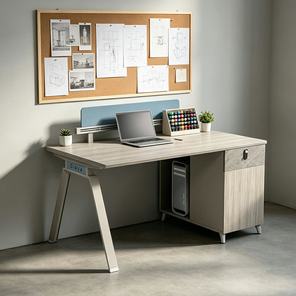 LIVARA 120/140cm Single Office Desk with Dual-Sided Power Outlets, E0 Desktop, Privacy Screen & Password Lock Storage - Oak & White