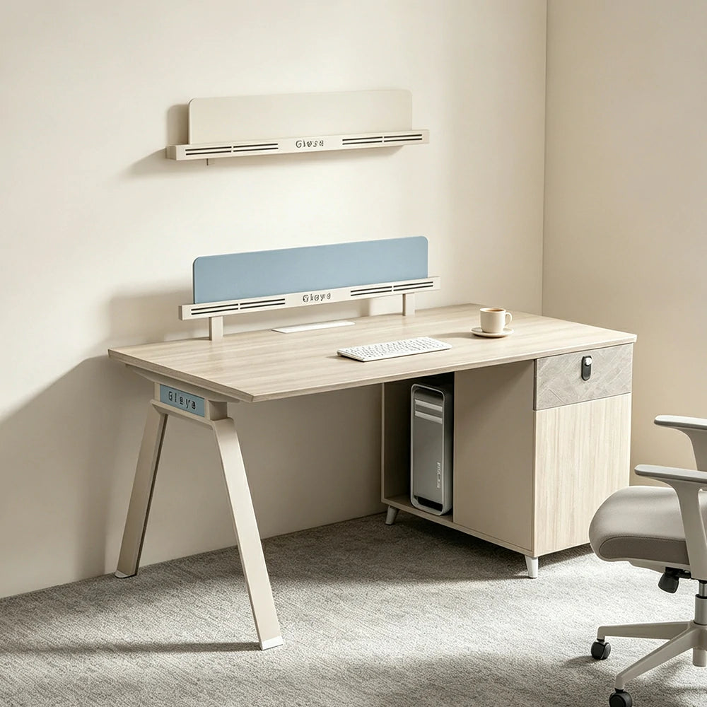 LIVARA 120/140cm Single Office Desk with Dual-Sided Power Outlets, E0 Desktop, Privacy Screen & Password Lock Storage - Oak & White