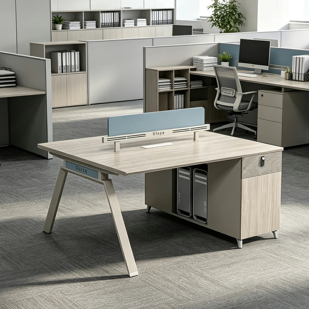 LIVARA 120/140cm 2-Person Office Workstation with Dual-Sided Power Outlets, E0 Desktop, Privacy Screen & Password Lock Storage - Oak & White