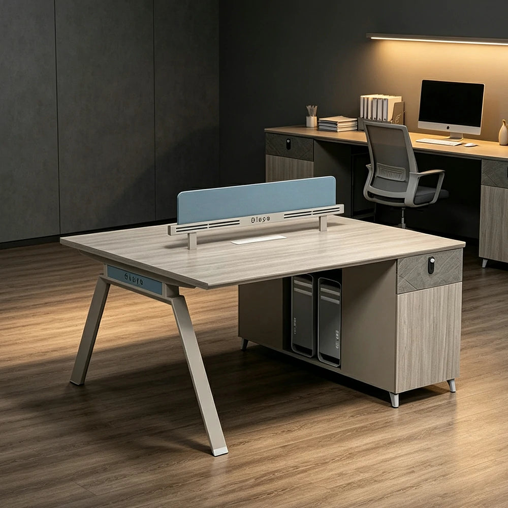 LIVARA 120/140cm 2-Person Office Workstation with Dual-Sided Power Outlets, E0 Desktop, Privacy Screen & Password Lock Storage - Oak & White
