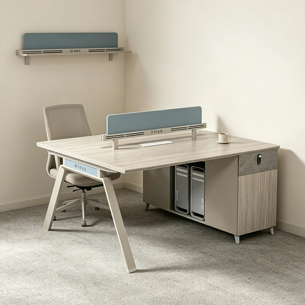 LIVARA 120/140cm 2-Person Office Workstation with Dual-Sided Power Outlets, E0 Desktop, Privacy Screen & Password Lock Storage - Oak & White